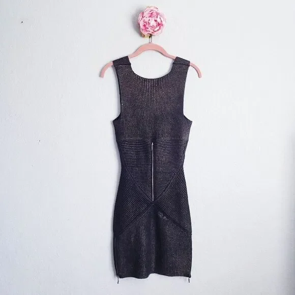 Mara Huffman Black Metallic Knit Ribbed Bodycon Dress with‎ Zipper Details